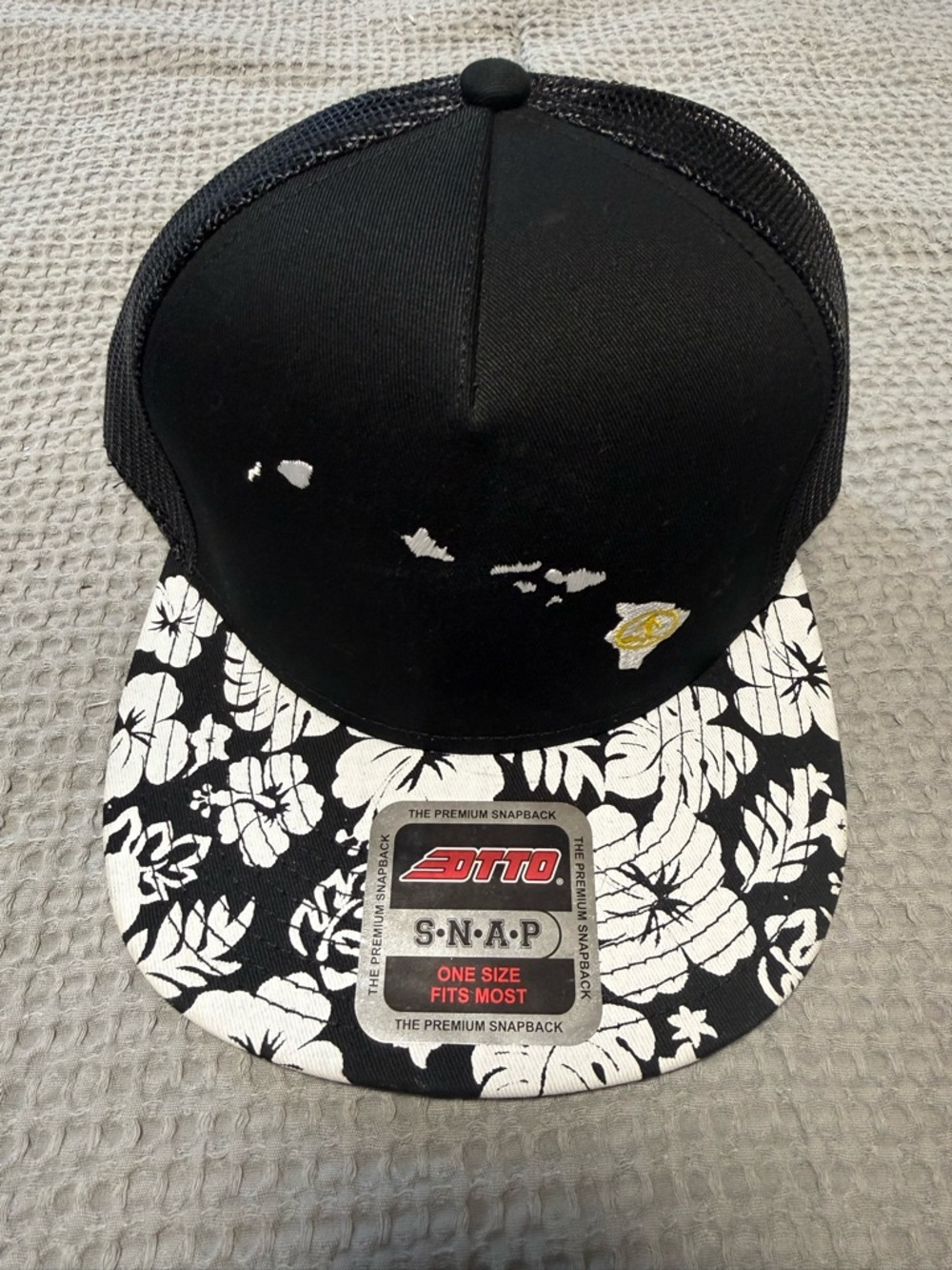 OTTO Hawaii Black Snapback Hat with Black-and-White Floral Brim